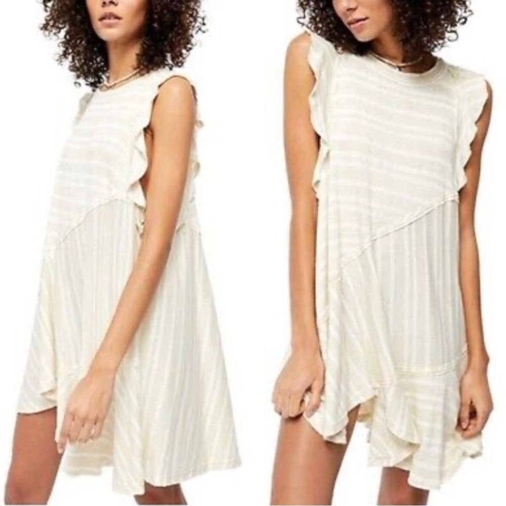 Free People Linen Knit Ruffle Top Asymmetrical Tunic Sleeveless Tan White Stripe